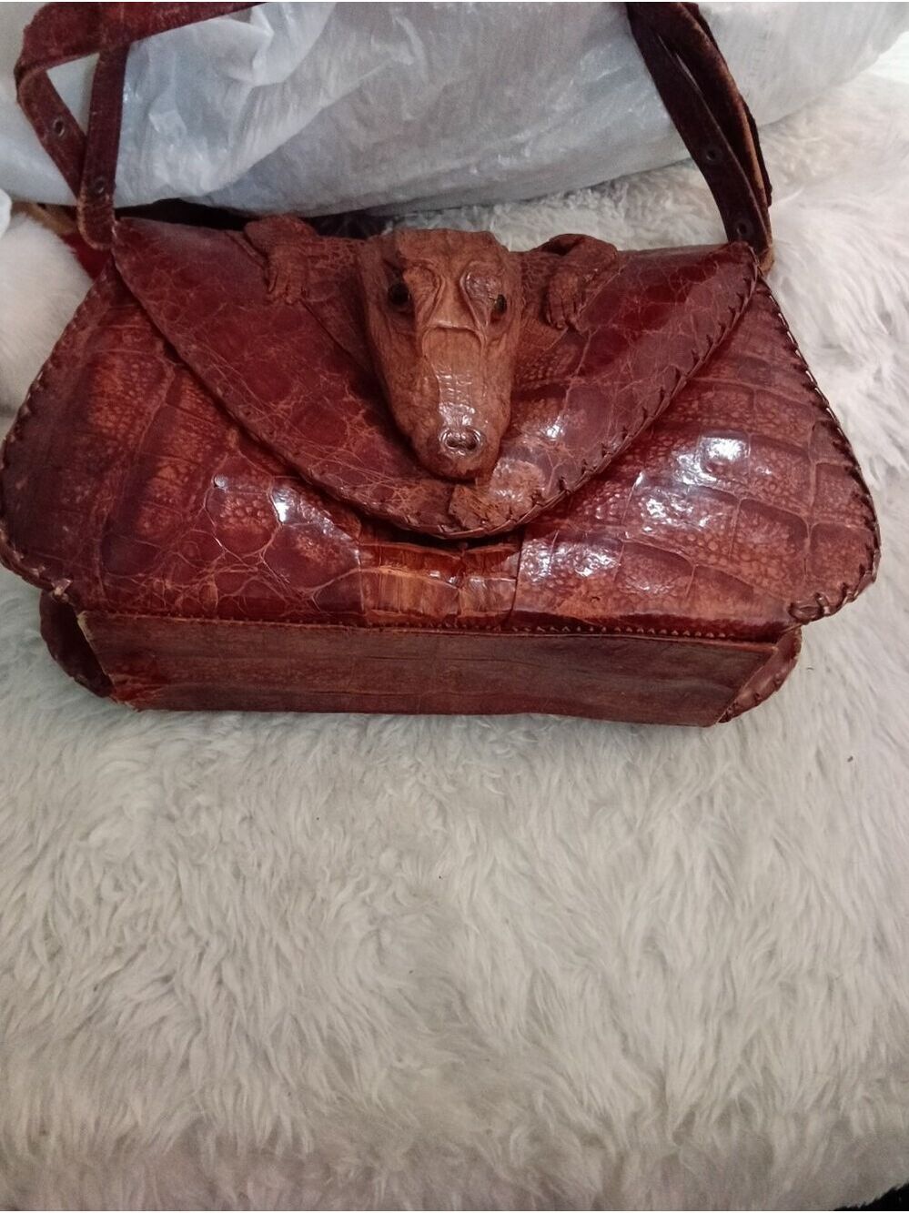 Vintage Genuine Alligator Leather Taxidermy Head Shoulder Bag Made in Cuba Brown